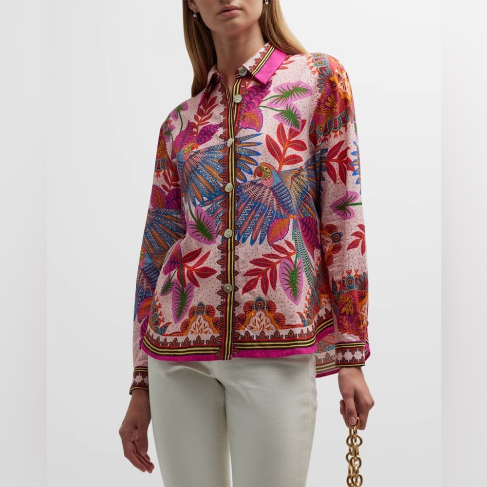 NWT FARM Rio Macaw Scarf Button Front Shirt size XS boho cottagecore linen